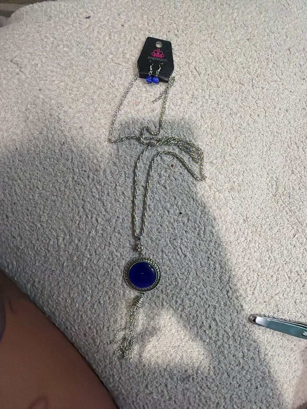 Paparazzi Blue Cat Eye Tassel Necklace and Earring Set Silver Tone